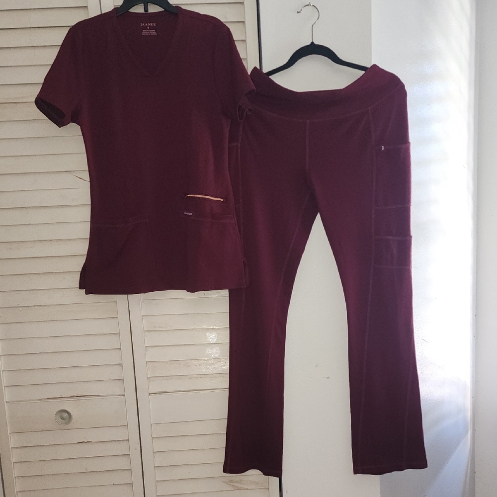 Women's Burgundy JAANUU Pants & Top SCRUBS Set In SMALL